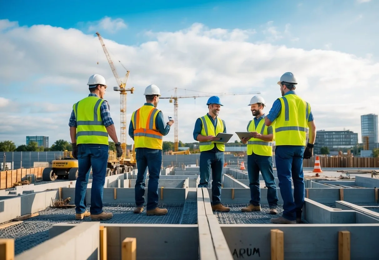 En travl byggeplads i Farum med arbejdere og ingeniører der samarbejder om et totalenterpriseprojekt der viser fordelene ved denne tilgang